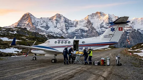 Aeromedical turboprop aircraft with ground medical stretcher crew on alpine mountain runway at sunrise