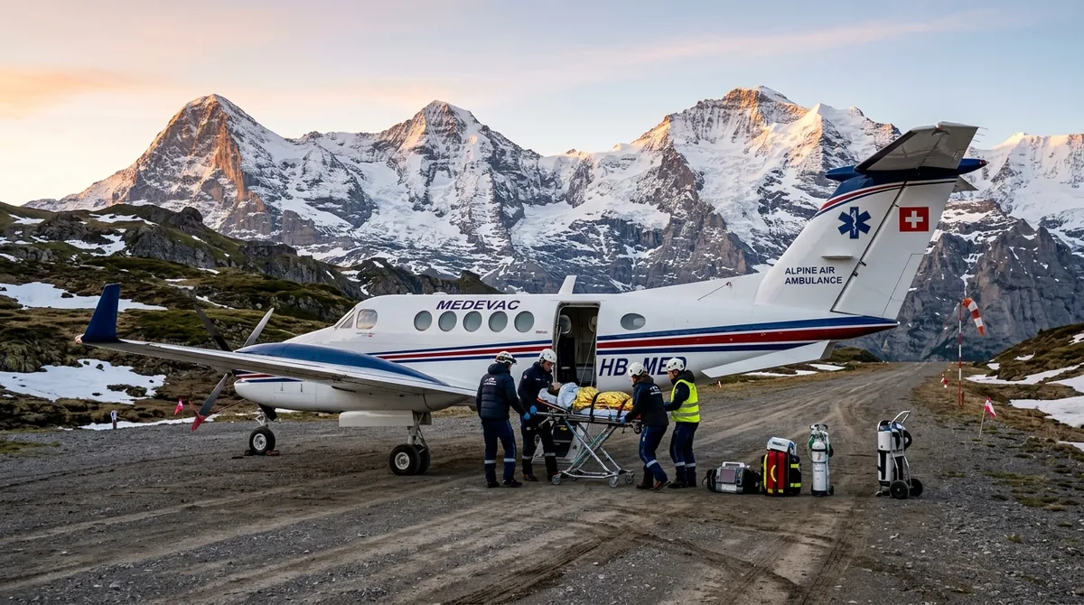Aeromedical turboprop aircraft with ground medical stretcher crew on alpine mountain runway at sunrise