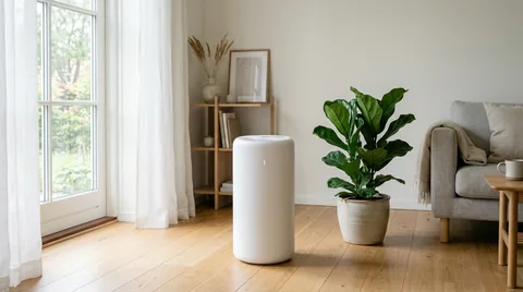 Minimalist white cylindrical air purifier standing in sunlit Scandinavian living room next to potted houseplant