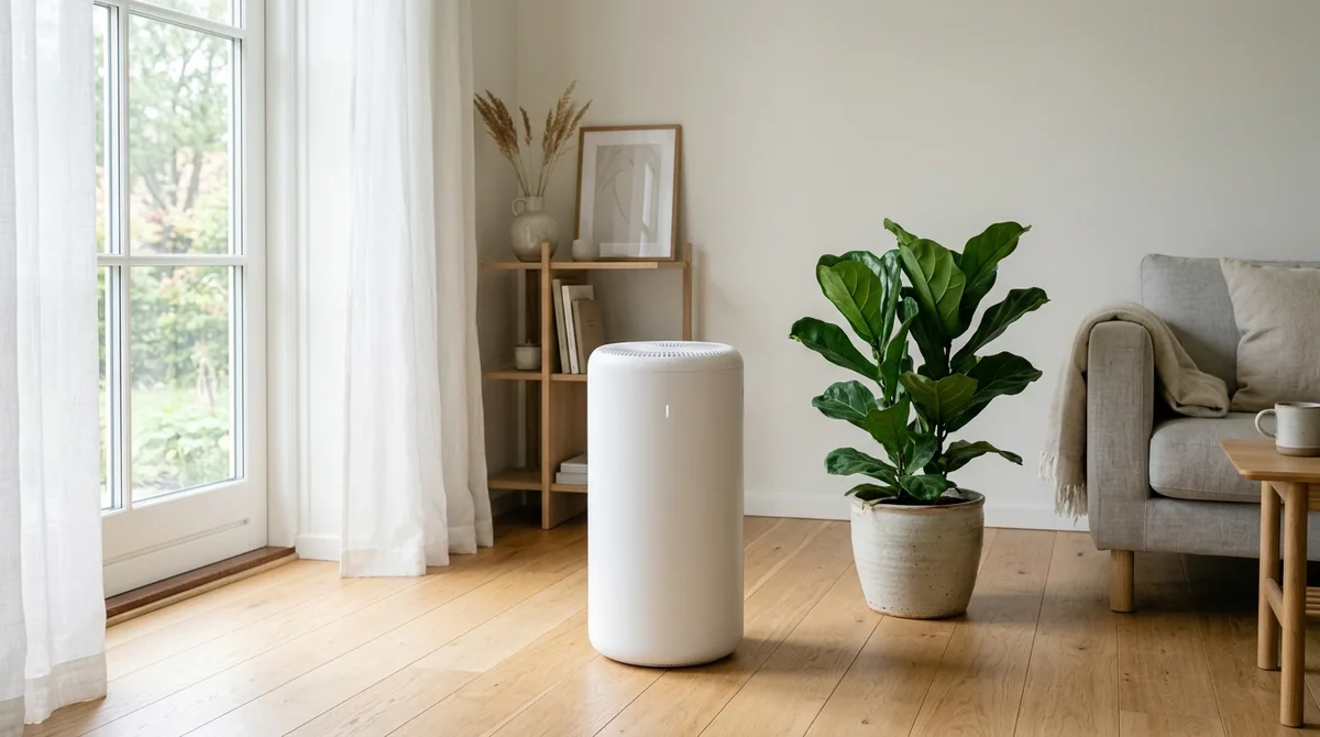 Minimalist white cylindrical air purifier standing in sunlit Scandinavian living room next to potted houseplant