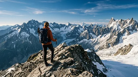 Hiker resting on rocky alpine ridge trail overlooking snow-covered mountain peaks and glaciers under deep blue sky