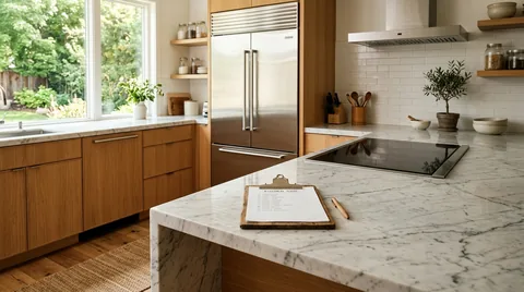 Modern stainless steel kitchen island with clipboard checklist and multimeter diagnostic tool