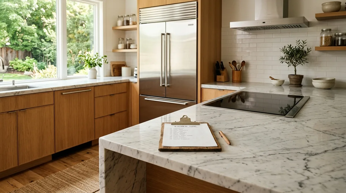 Modern stainless steel kitchen island with clipboard checklist and multimeter diagnostic tool