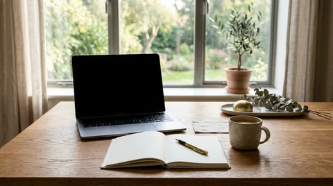 Clean minimalist desk with notebook, pen, ceramic coffee mug, and laptop on wooden table by window in natural morning light