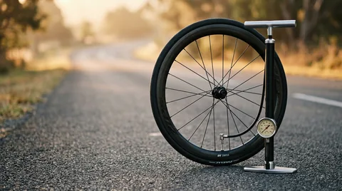 Road bicycle tire on pavement connected to an aluminum floor pump with pressure gauge dial