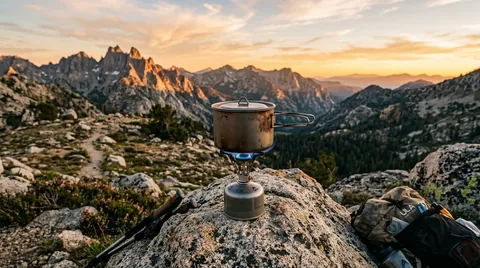 Ultralight camping stove burning with clean blue flame under titanium pot on mountain rocks at dusk