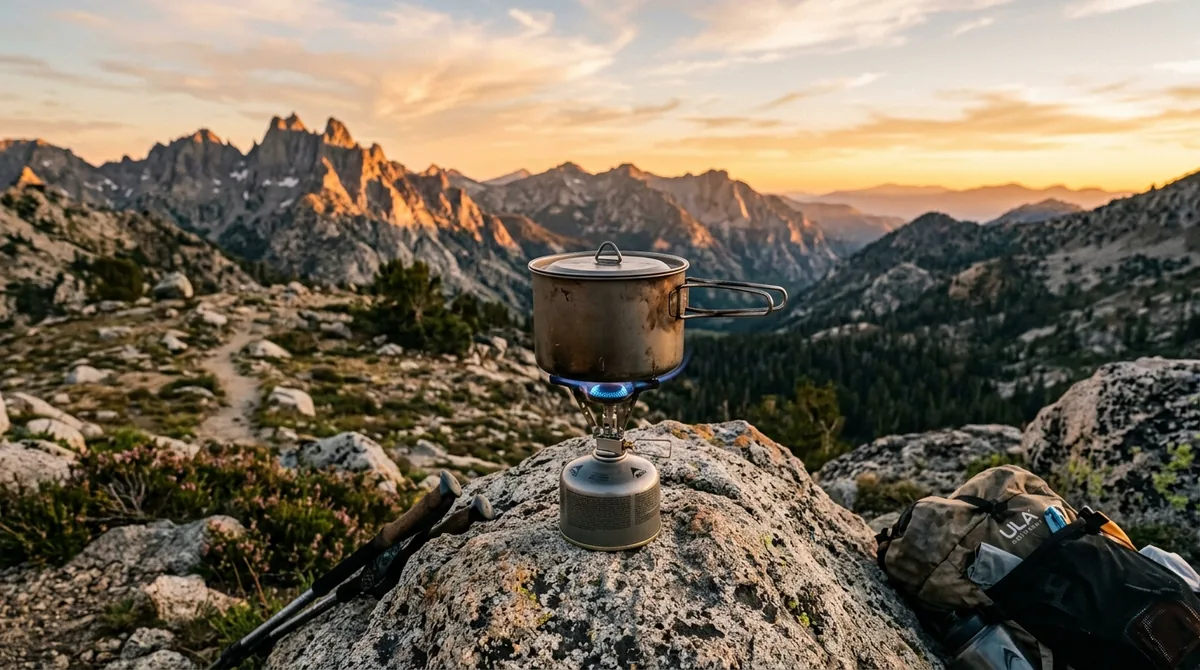 Ultralight camping stove burning with clean blue flame under titanium pot on mountain rocks at dusk