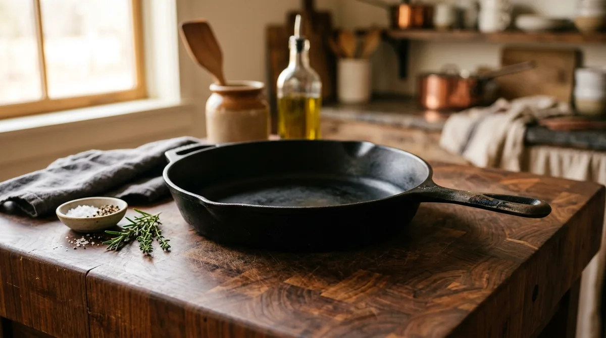 Pristine jet-black seasoned cast iron skillet on rustic wooden butcher block with smooth polymerized finish