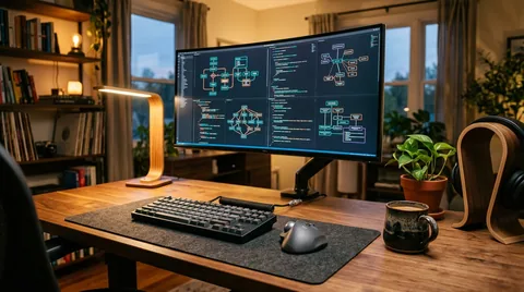 Ergonomic dual-monitor developer workstation displaying dark-mode architectural flow schematics under warm lamp
