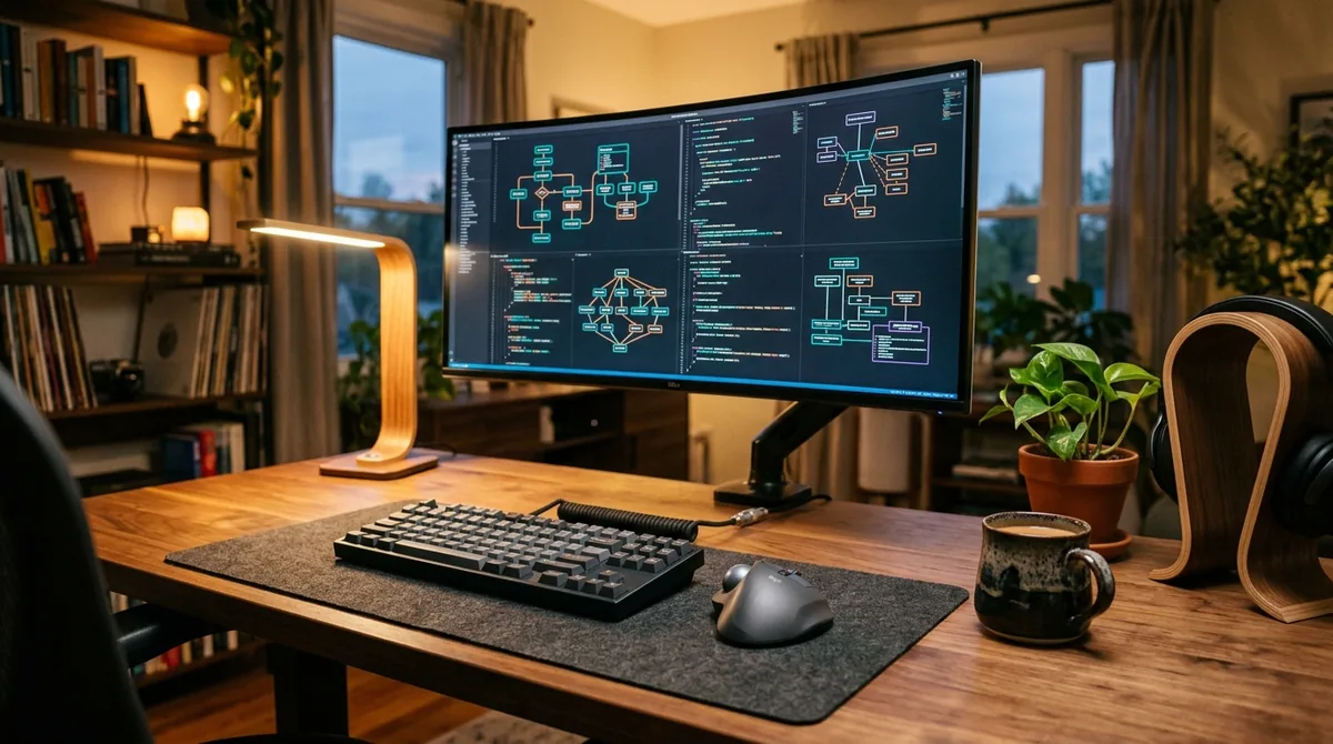 Ergonomic dual-monitor developer workstation displaying dark-mode architectural flow schematics under warm lamp