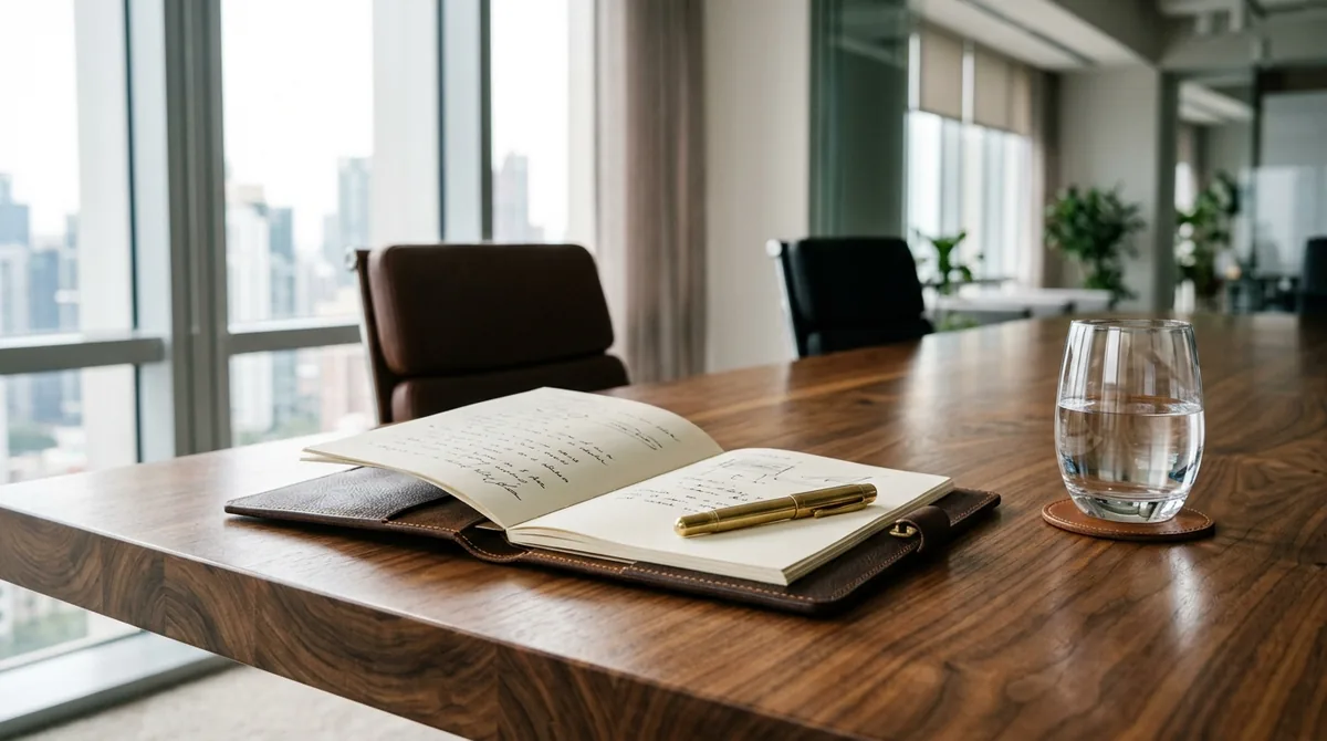 Leather presentation folder with rollerball pen on wooden cafe table in soft focus setting