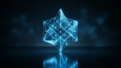 Geometric digital mesh shield protecting network nodes on dark blue background representing cybersecurity headers