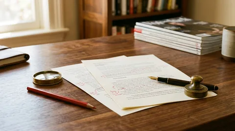Editorial review desk with printed proof manuscript pages, red editing pencil, magnifying loupe, and fountain pen on warm walnut wood surface