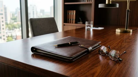 Leather document portfolio folder, fountain pen, and reading spectacles on polished executive wooden desk
