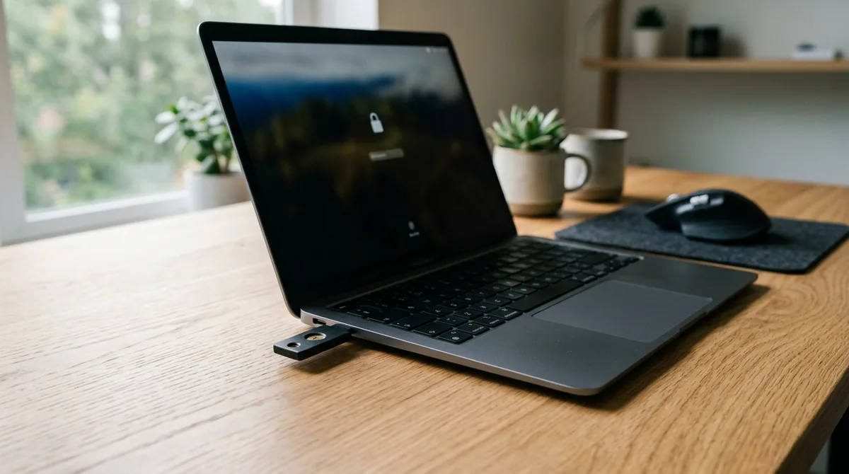 Hardware security token key plugged into laptop on clean wooden desk beside window in natural light