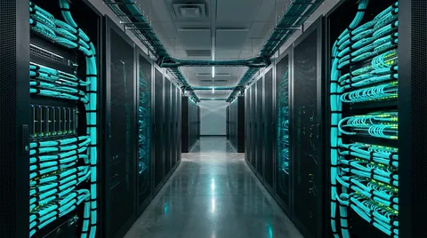 Symmetric aisle of enterprise datacenter server racks with glowing cyan and amber fiber optic cables