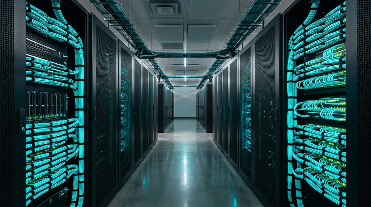 Symmetric aisle of enterprise datacenter server racks with glowing cyan and amber fiber optic cables
