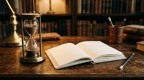 Study desk with open notebook, brass hourglass interval timer, and mechanical pencil