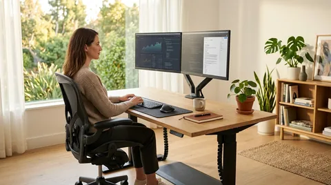 High-end ergonomic mesh office chair next to an adjustable standing desk in a bright room