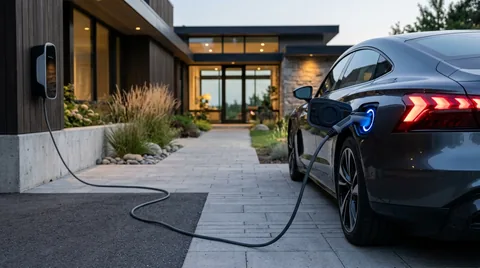Sleek electric vehicle charging at a modern charging station at twilight with illuminated connector
