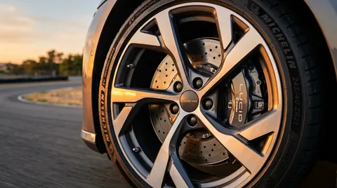 Close-up of electric vehicle alloy wheel with ventilated slotted brake rotor and caliper in warm sunset light