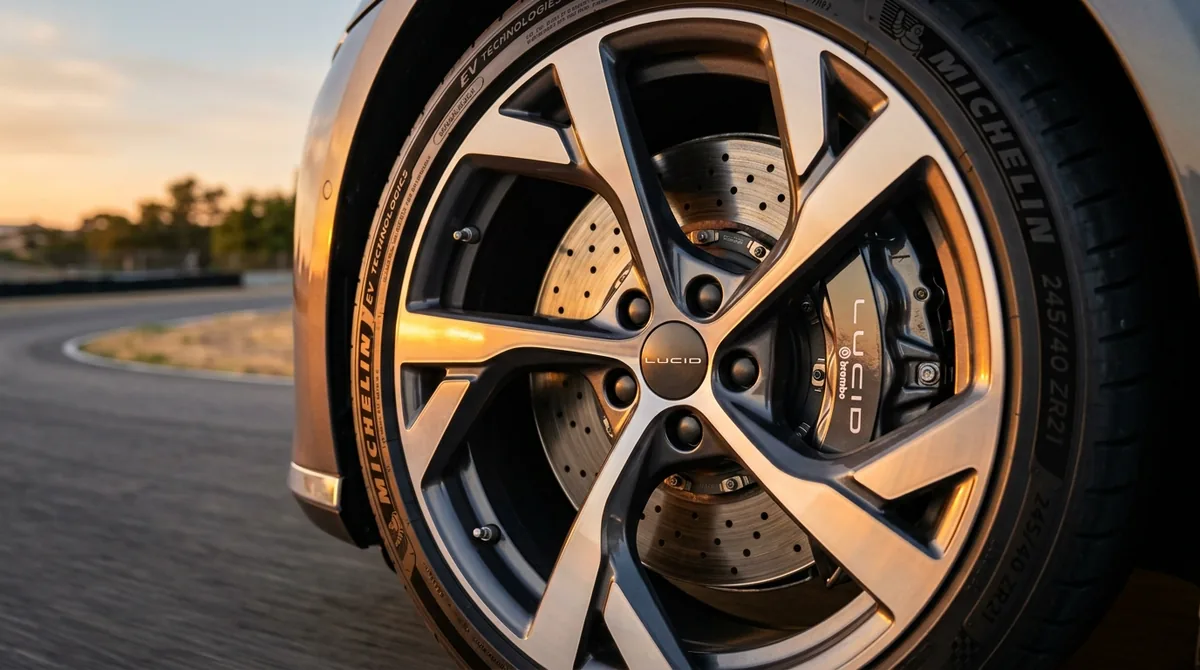 Close-up of electric vehicle alloy wheel with ventilated slotted brake rotor and caliper in warm sunset light