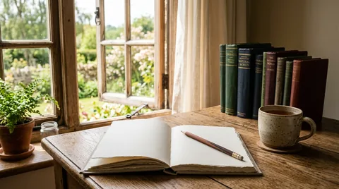 Open dotted notebook with hand-drawn conceptual flow diagrams and fountain pen on sunlit oak desk