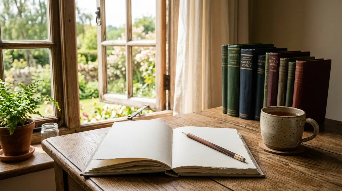 Open dotted notebook with hand-drawn conceptual flow diagrams and fountain pen on sunlit oak desk