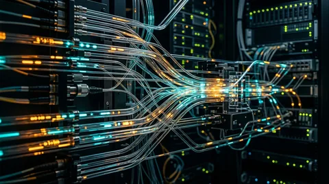 Geometric visualization of high-speed optical fiber transmission conduits with glowing cyan and amber data pulses