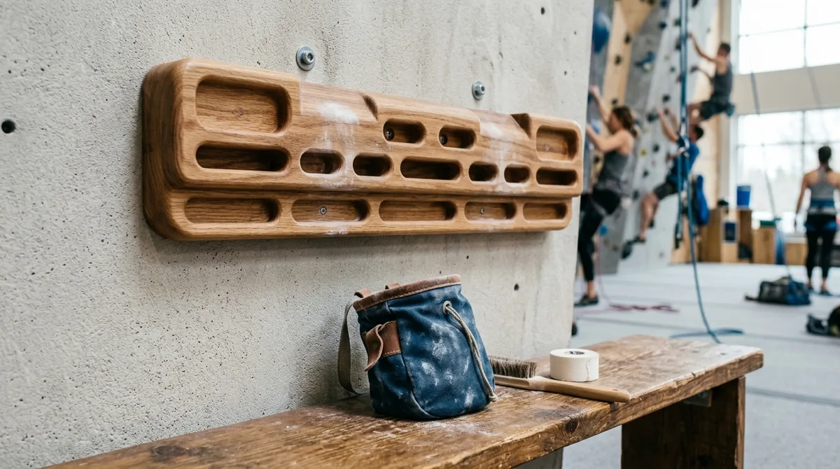 Athletic climber hands dusted with chalk gripping the edge of a wooden hangboard during training