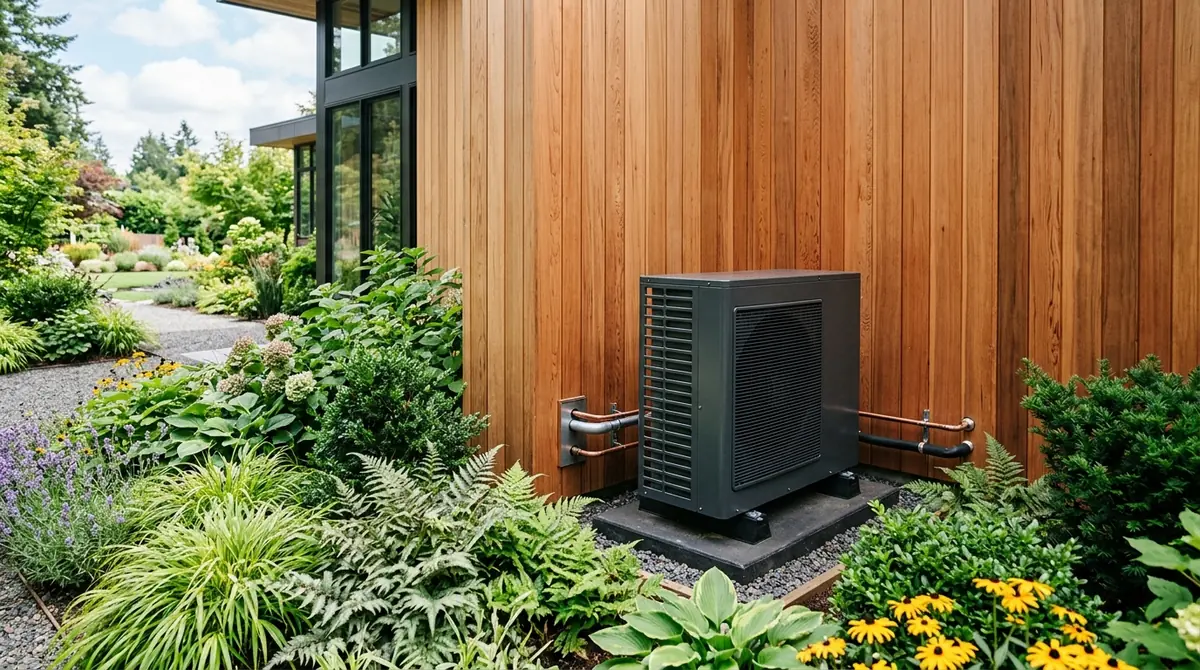 Modern air-source heat pump compressor unit installed outside a timber-clad home