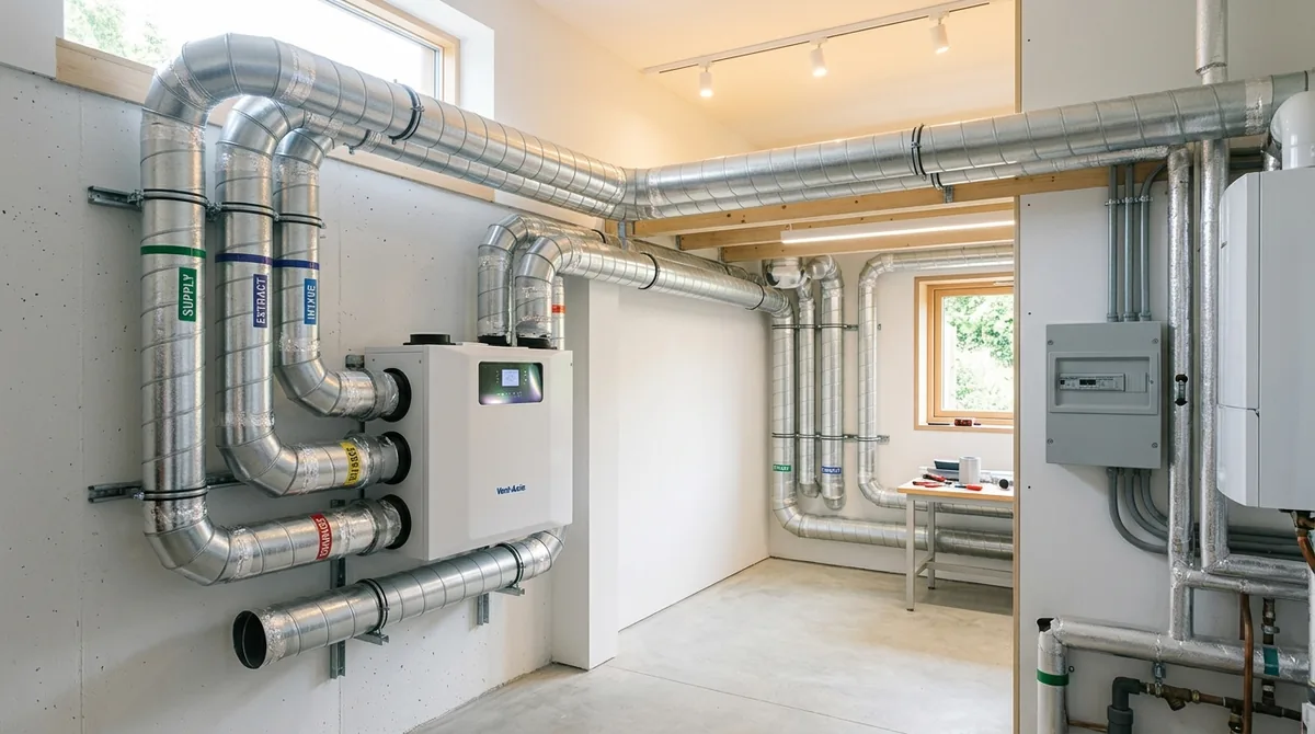 Residential heat recovery ventilator unit mounted in utility basement with insulated spiral ducting