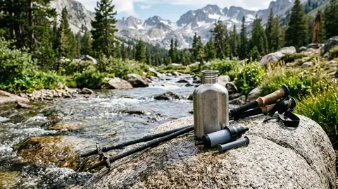 Backcountry hiking essentials: water filter tube, water flask, and trekking poles on granite rock by alpine stream