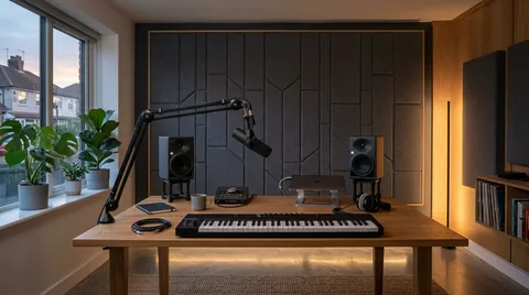 Acoustic-treated workspace with charcoal fabric sound absorbing wall panels and boom arm microphone