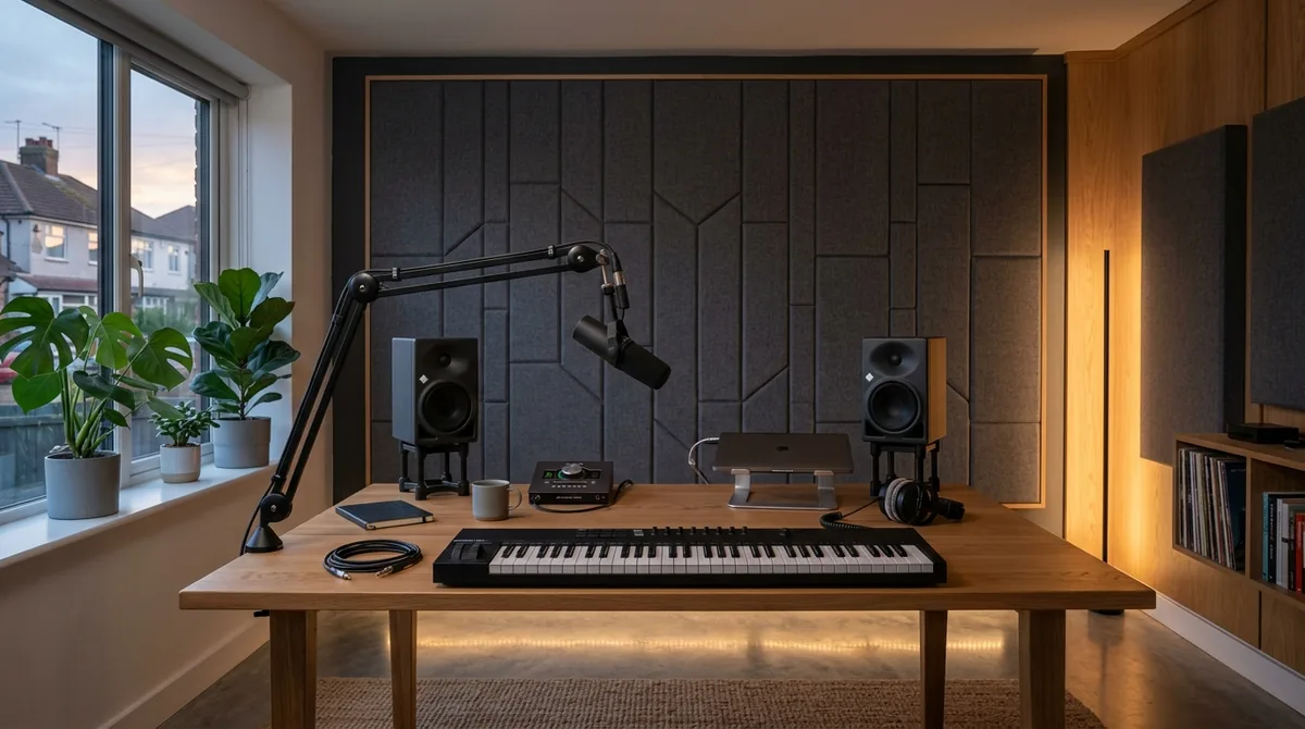 Acoustic-treated workspace with charcoal fabric sound absorbing wall panels and boom arm microphone