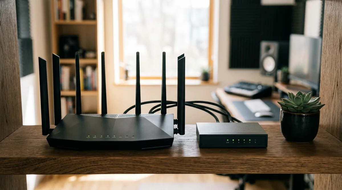 High-performance multi-antenna Wi-Fi router and smart home hub on a wooden shelf