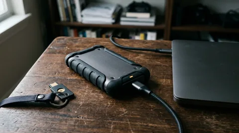 Rugged portable solid-state drive with silicone bumper connected via USB-C to closed laptop