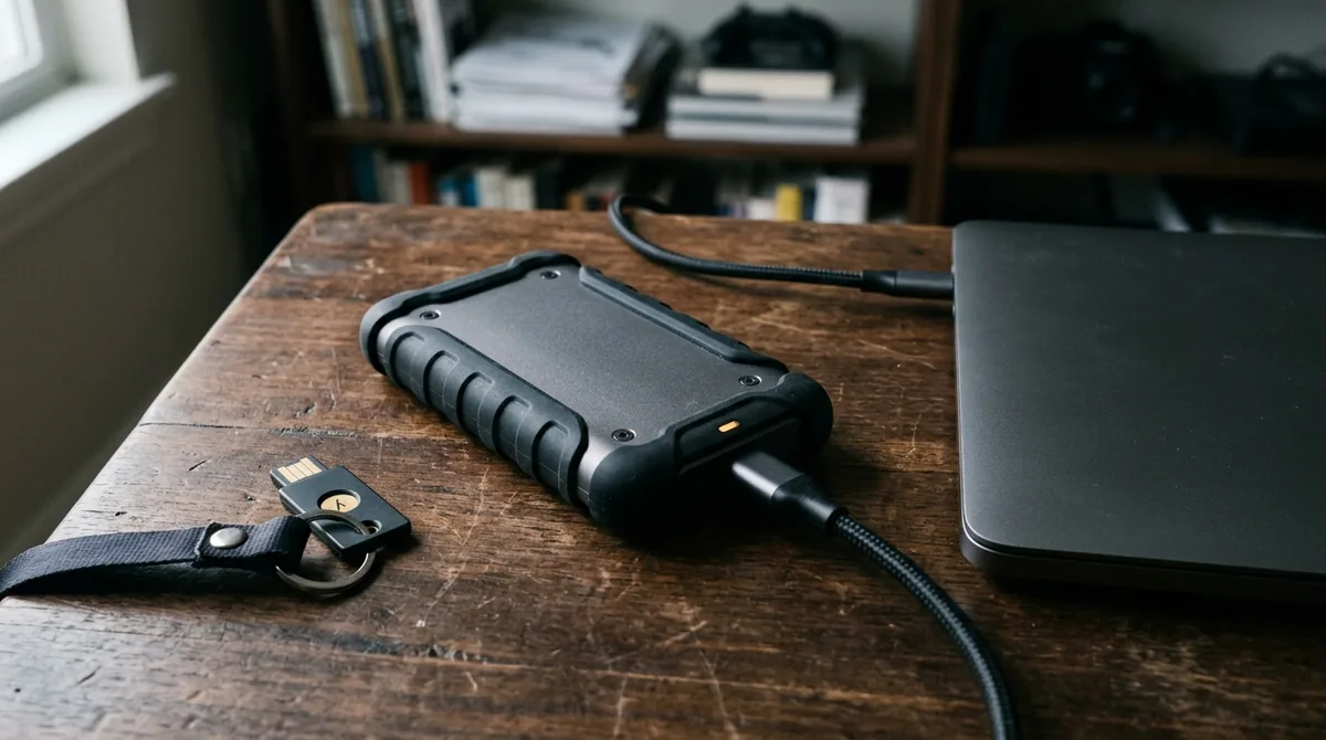 Rugged portable solid-state drive with silicone bumper connected via USB-C to closed laptop