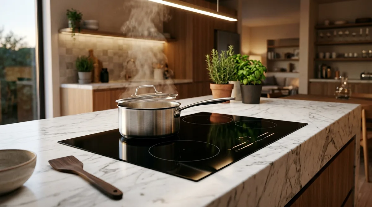 Built-in black glass induction hob with a stainless steel pot on a luxury marble kitchen island