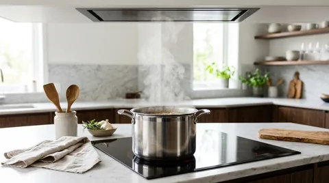 Stainless steel saucepan on sleek black induction cooktop with steam rising into recessed range hood