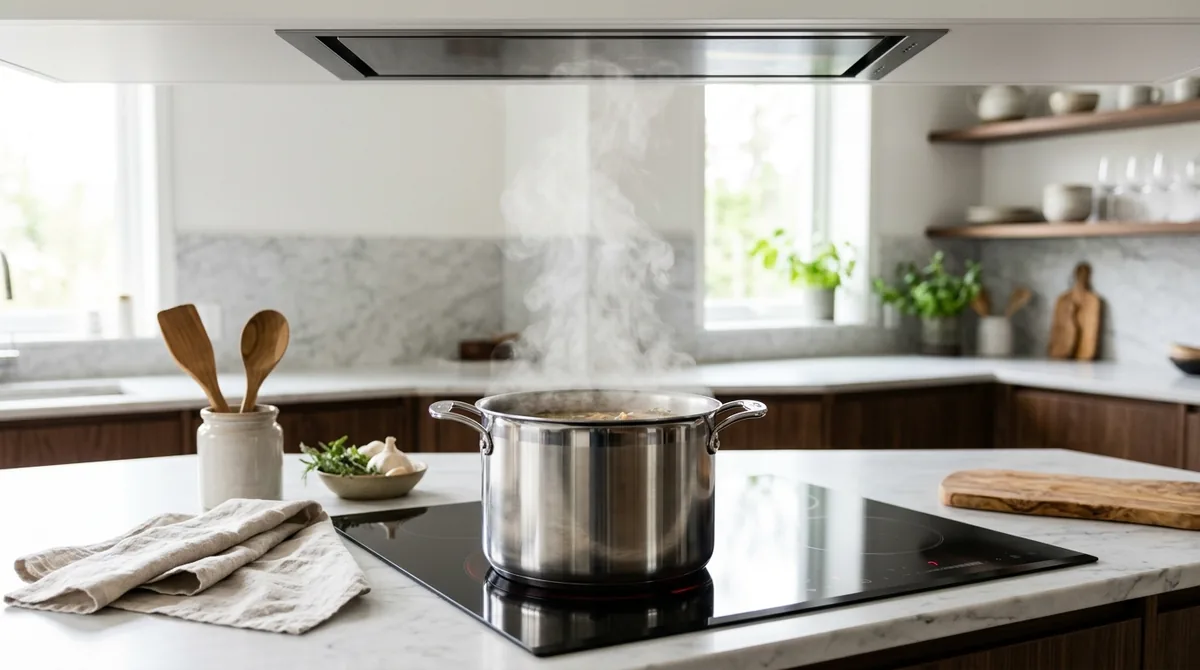 Stainless steel saucepan on sleek black induction cooktop with steam rising into recessed range hood