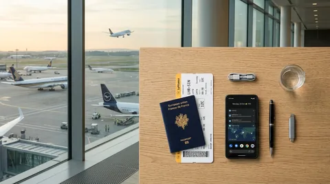 Smartphone, passport cover, and sunglasses on a wooden table overlooking airport runways