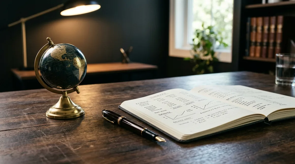 Small antique brass globe ornament beside an open financial record journal and fountain pen on dark wooden desk