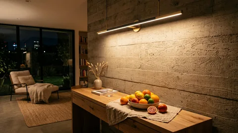 Warm glowing filament LED pendant bulbs hanging against textured dark concrete wall