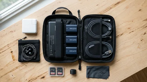 Organized electronics organizer pouch with power banks, camera batteries, and braided cables