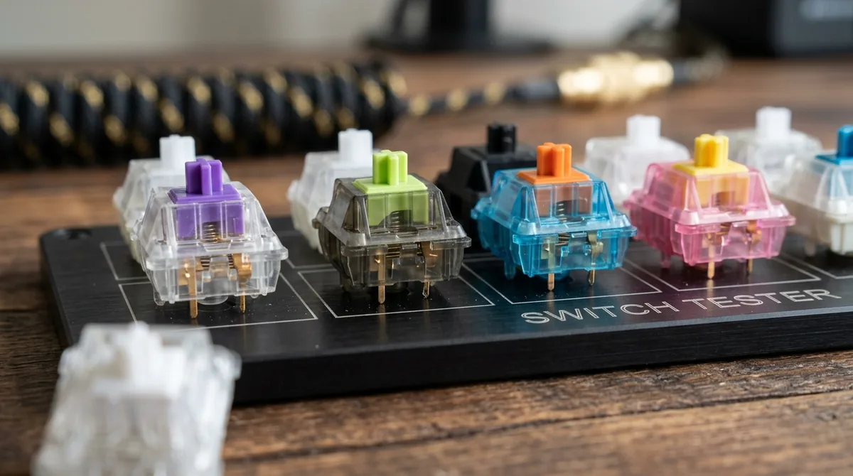 Mechanical keyboard switch tester plate displaying red, blue, and brown switches alongside blank keycaps