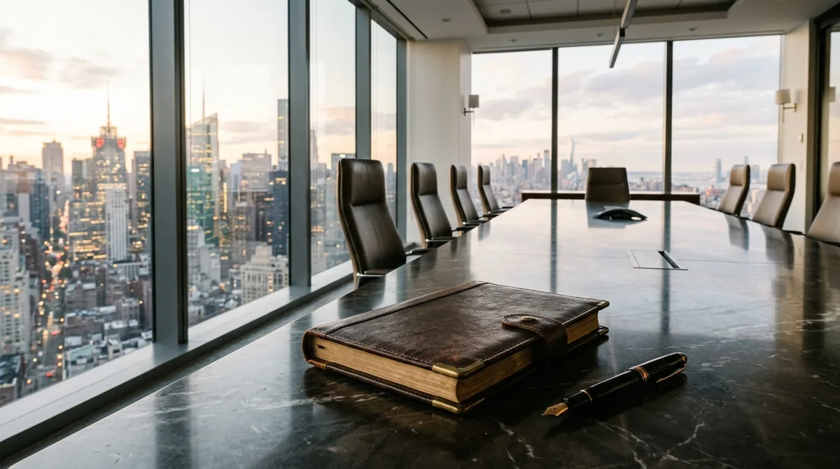 Executive conference table with financial folder, gold pen, and panoramic skyscraper skyline view