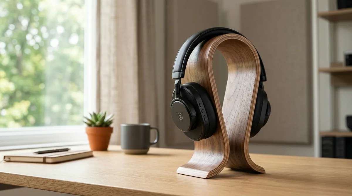 Over-ear matte black noise cancelling headphones on walnut wooden stand on tidy workspace desk