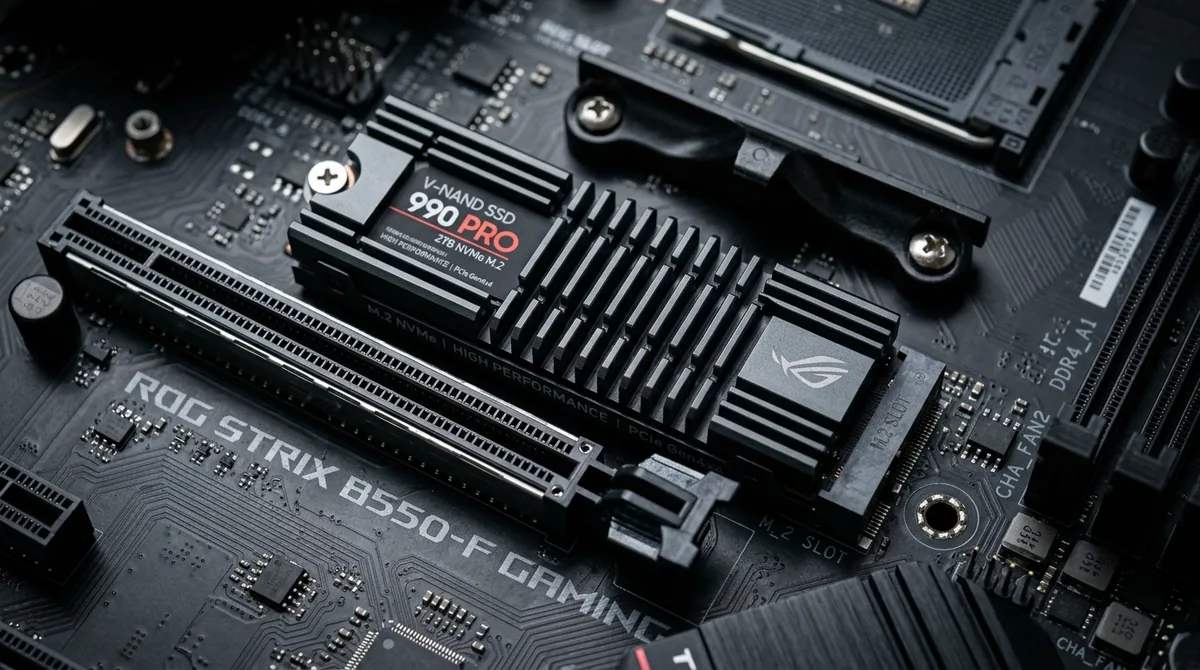 Macro close-up of NVMe M.2 solid state drive with finned aluminum heatsink installed on motherboard
