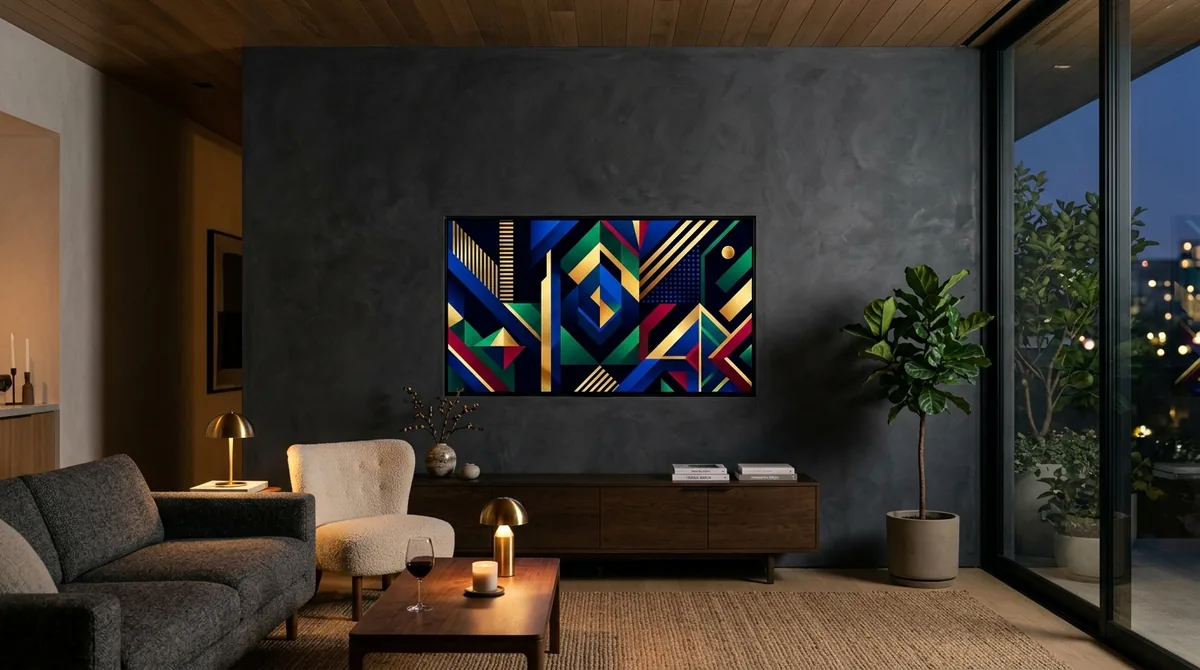 Ultra-thin OLED screen mounted on dark textured wall displaying vibrant geometric HDR artwork in moody interior